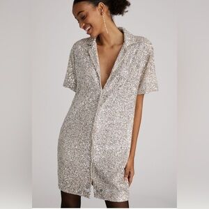 Anthropologie Silver Sequins Short Sleeve Shirt Dress Mini